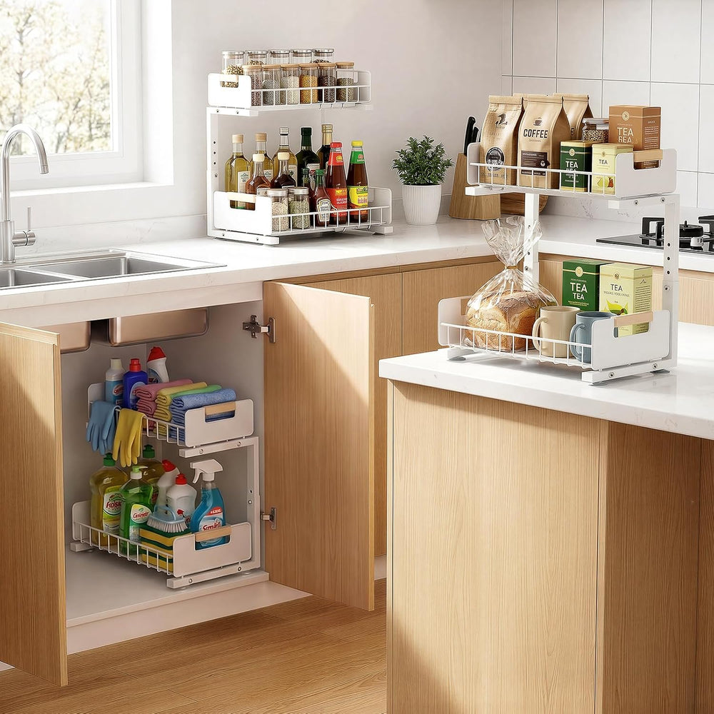 Delamu Under Sink Organizer Kitchen, 2-Tier Pull-Out Cabinet Shelf, 2-Pack