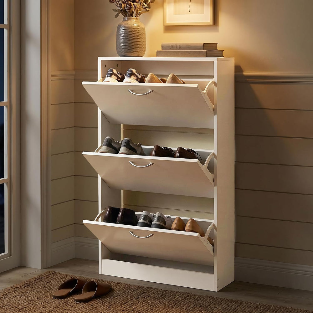 HOPUBUY Shoe Cabinet for Entryway, Narrow Shoe Storage with 3 Flip Drawers