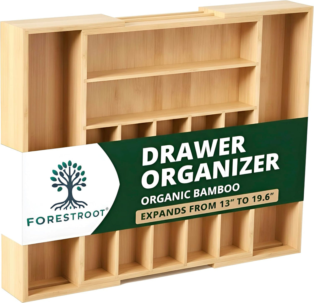 Bamboo Drawer Organizer – Expandable 9 Slot Silverware & Utensil Tray for...