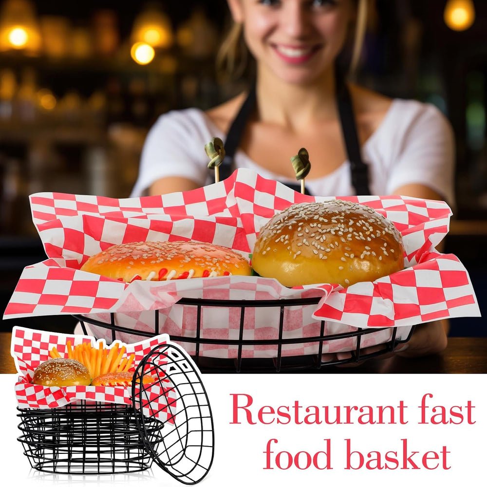 Hushee 12 Pcs Wire Fast Food Baskets Bulk, Bread Chip Basket, Black Oval