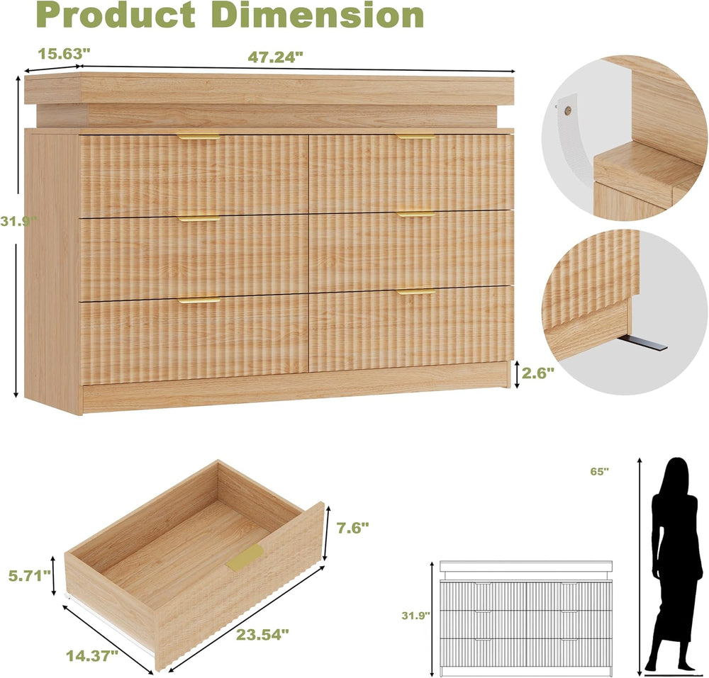 Fluted 6 Drawer Dresser LED Lights & Charging Station, Natural Oak