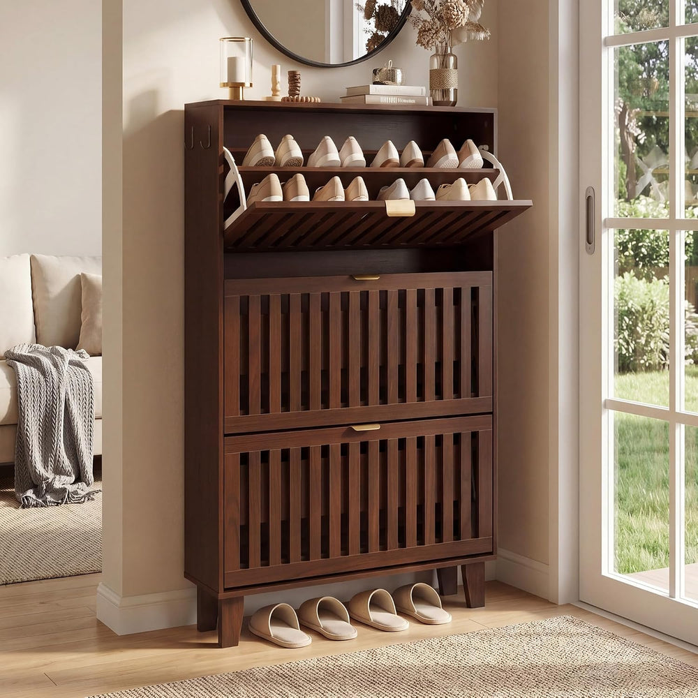 Shoe Cabinet with 3 Flip Drawers for Entryway, Walnut