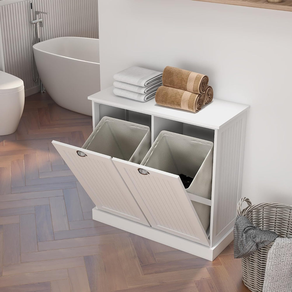 RASOO Double Tilt Out Trash Cabinet White Free Standing Laundry Sorter Cabine...