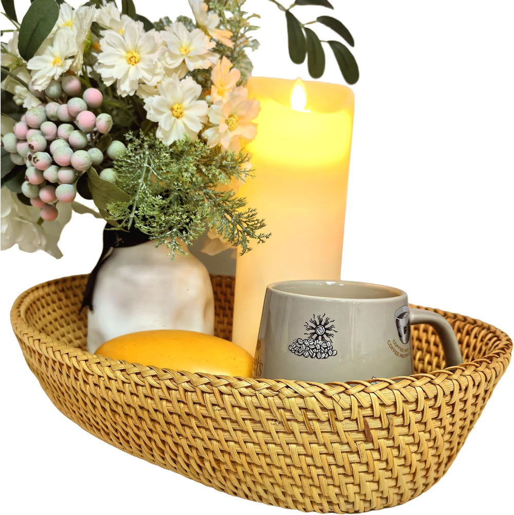 i-lan 2-Pack Oval Rattan Bread Baskets, 12 & 15 Inch Wicker Serving Set