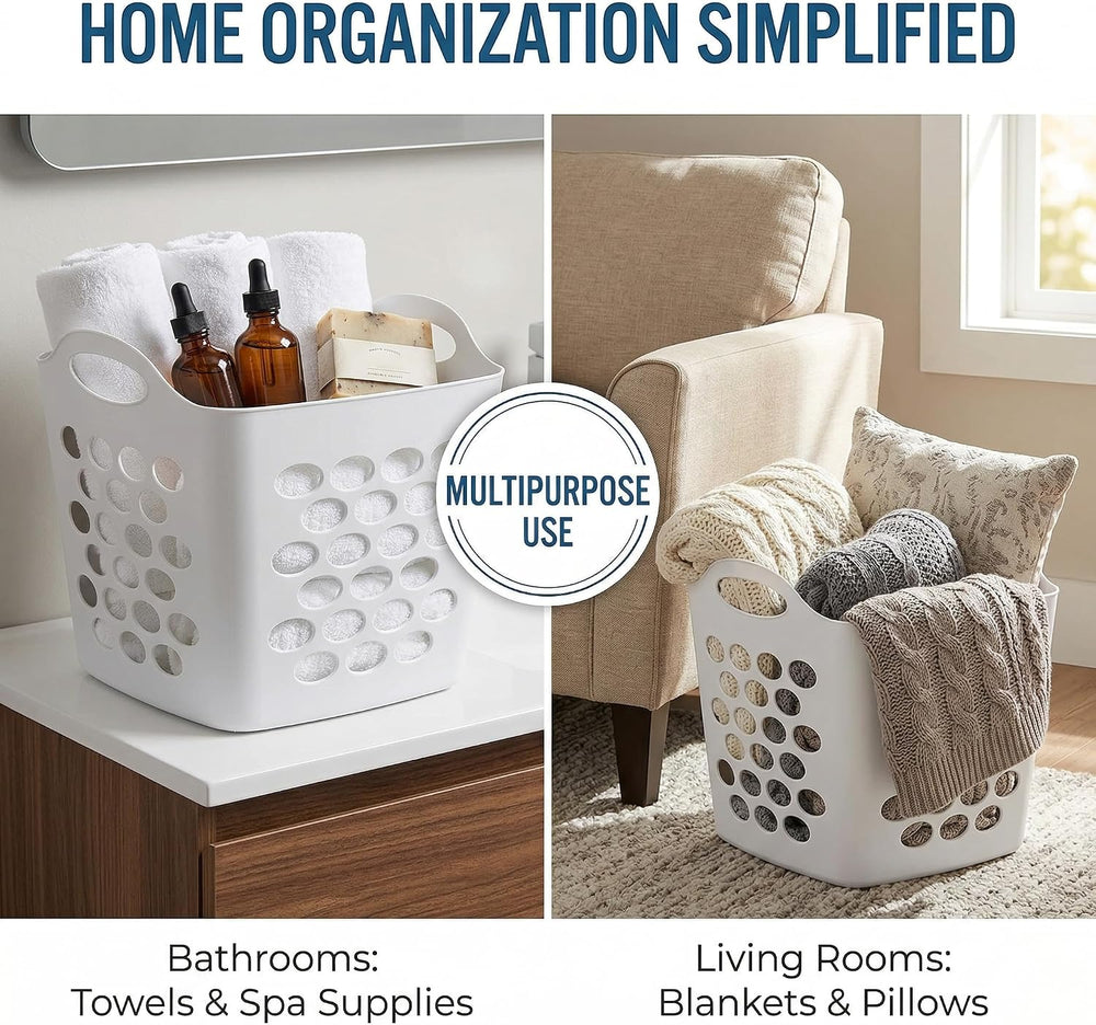 4-Pack Flexible Square Laundry Basket with Built-in Handles, White Plastic Cl...