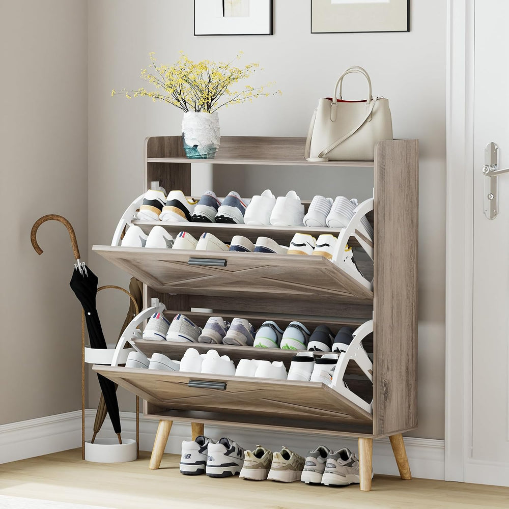 Homleke Farmhouse Shoe Storage Cabinet with Flip Drawers & Barn Door Design