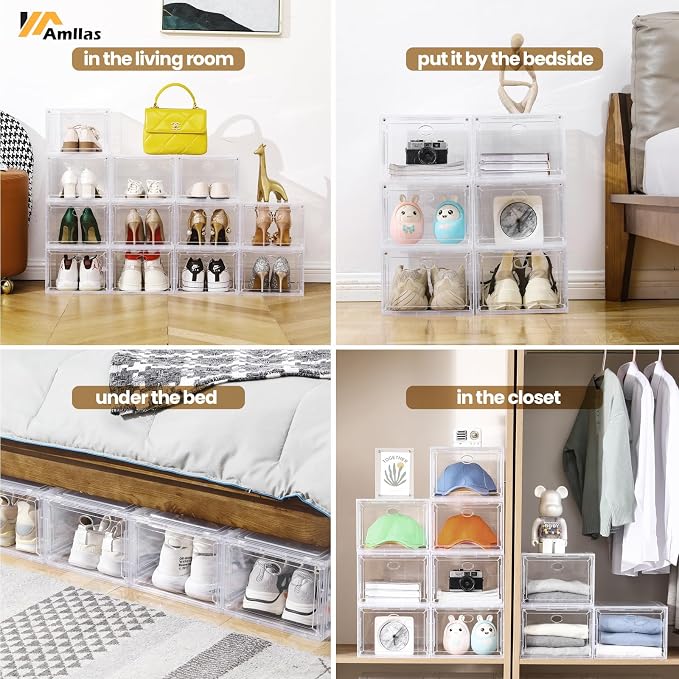 12 Pack Clear Shoe Boxes Stackable, Shoe Storage Boxes
