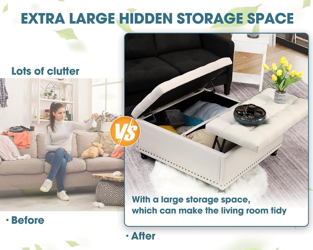 Grepatio 35.5" Large Square Storage Ottoman, Lift Top Ottoman Square Ben...