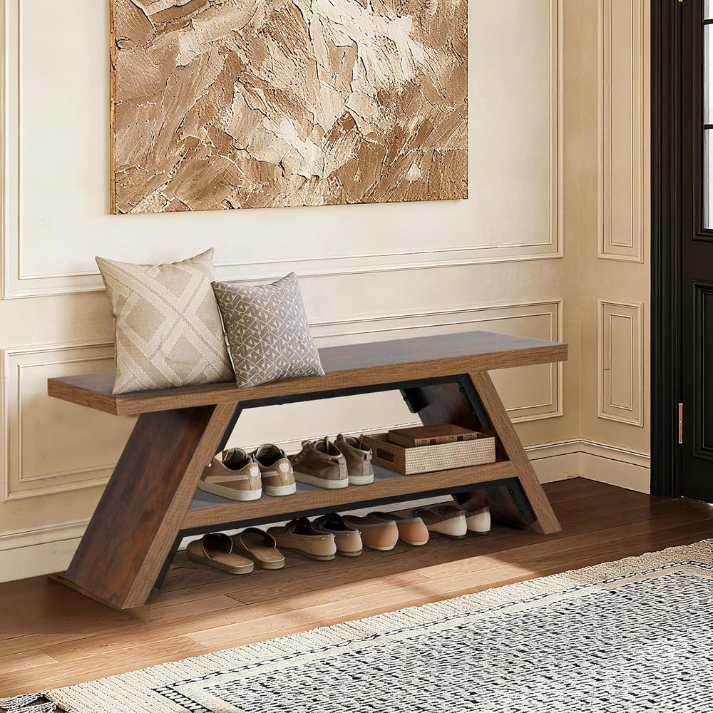 2-Tier Shoe Storage Bench, 47" Solid Wood Entryway Stool Storage