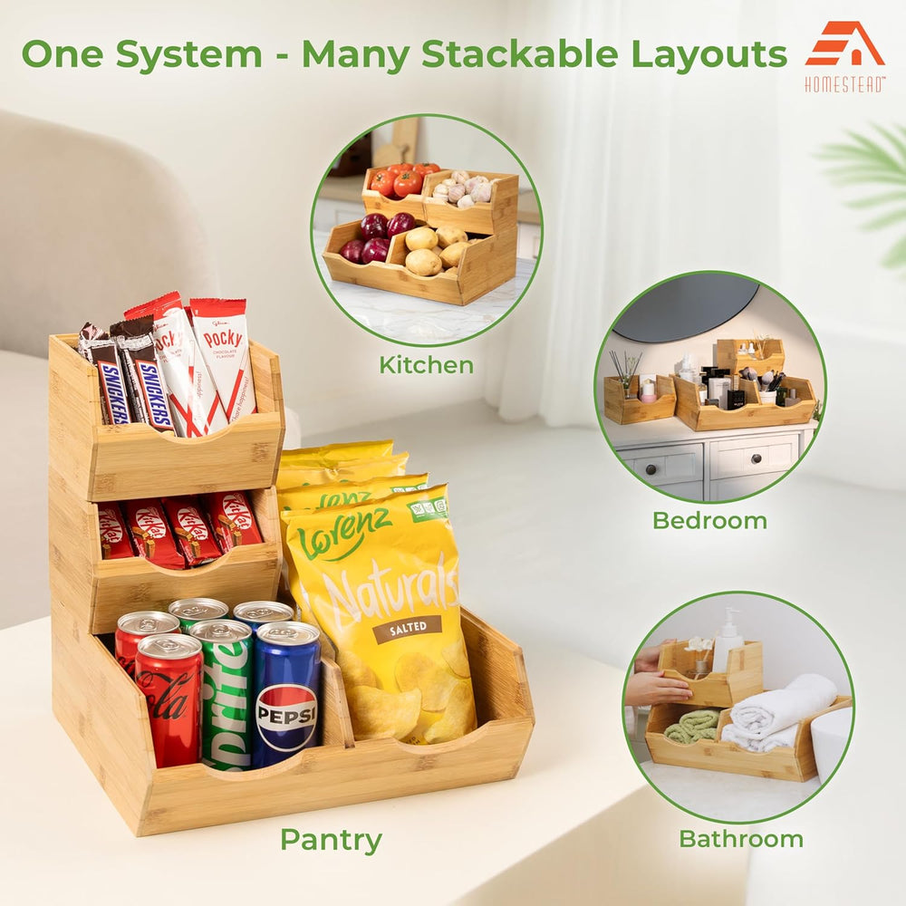 HOMESTEAD Bamboo Pantry Storage Bins – Stackable Potato & Onion Storage B...