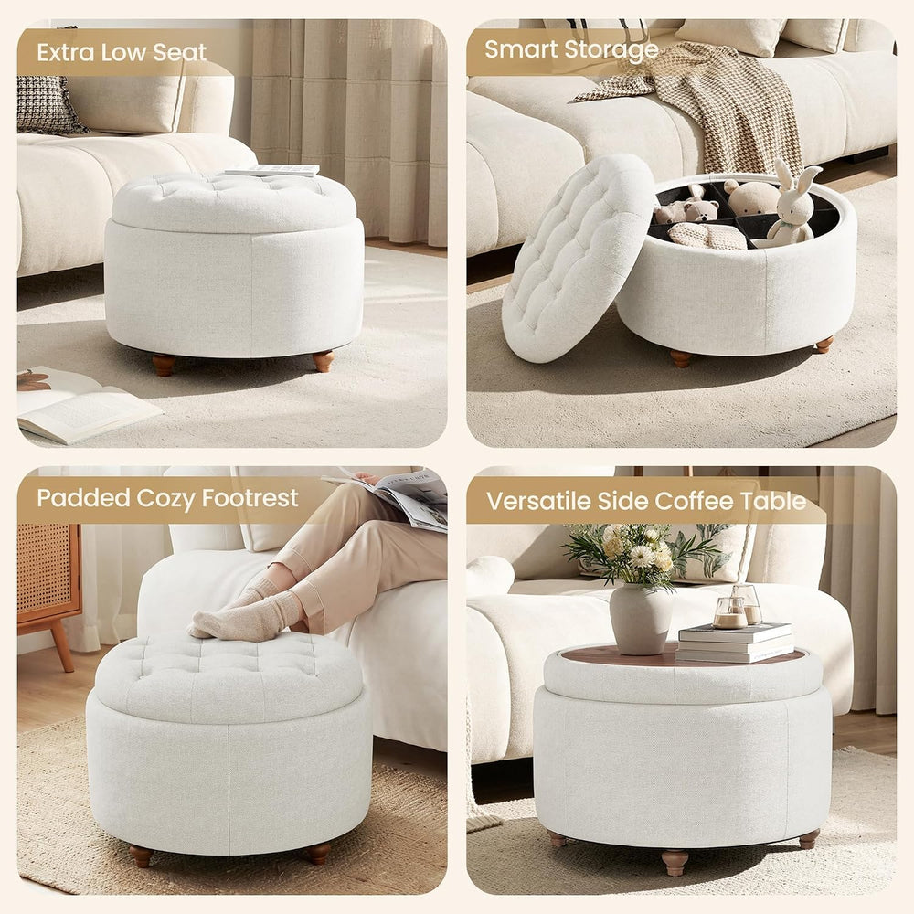 25" Round Ottoman with Storage, Small Coffee Table with Reversible Tray Lid