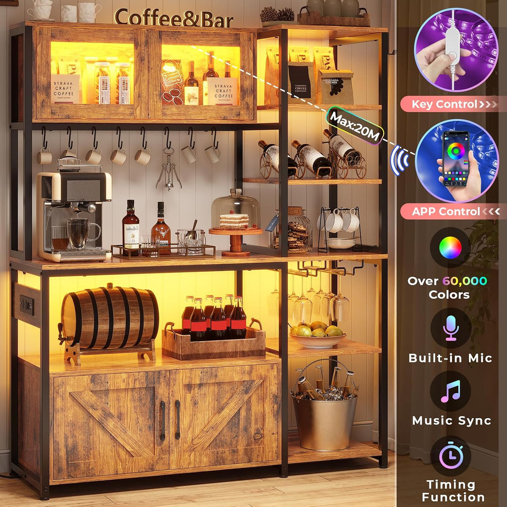 Itaar Bakers Rack with Power Outlet and LED Light, 45.3 Inch Farmhouse Coffee...