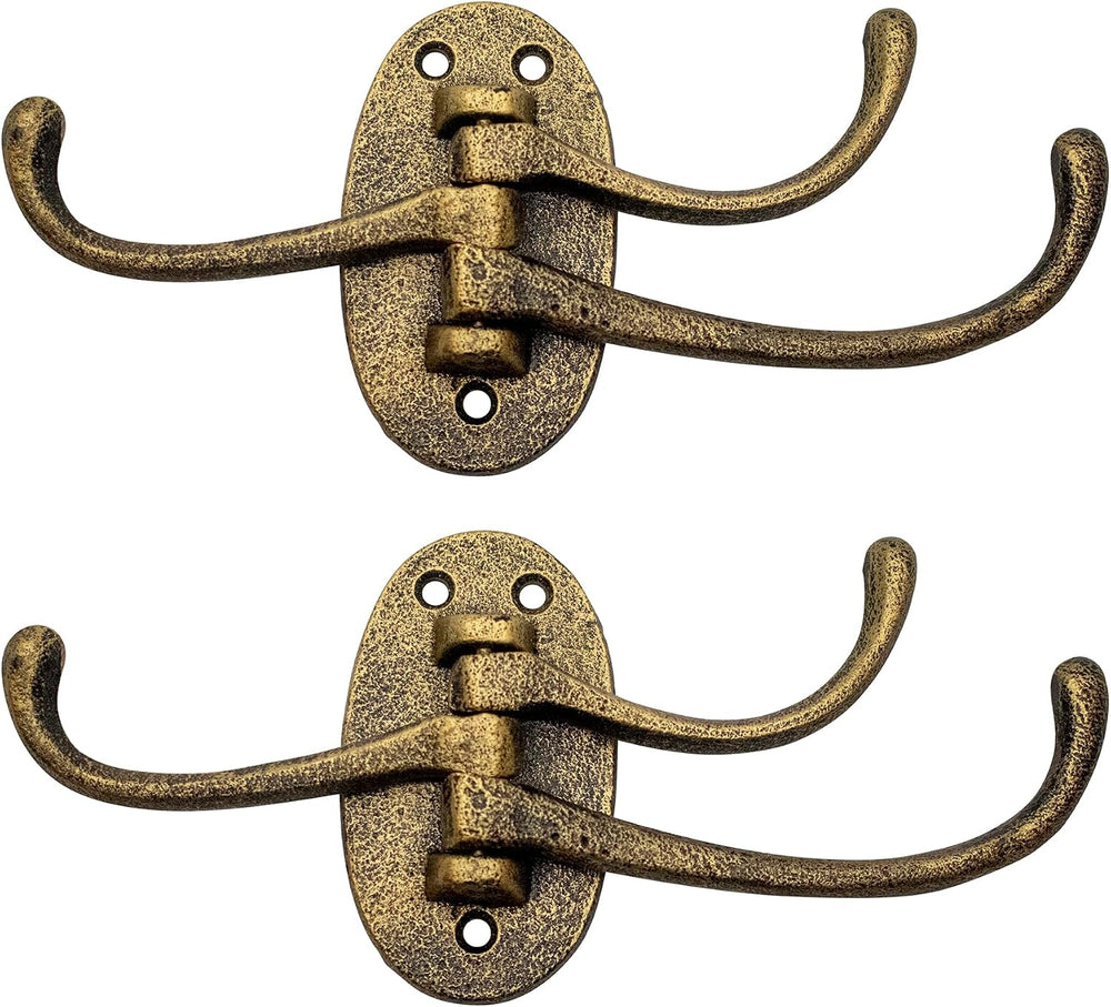Set of 2 Rustic Cast Iron Swivel Wall Coat Hooks (Vintage Antique Gold)