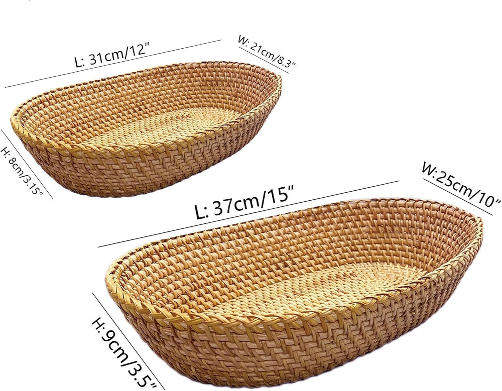 i-lan 2-Pack Oval Rattan Bread Baskets, 12 & 15 Inch Wicker Serving Set