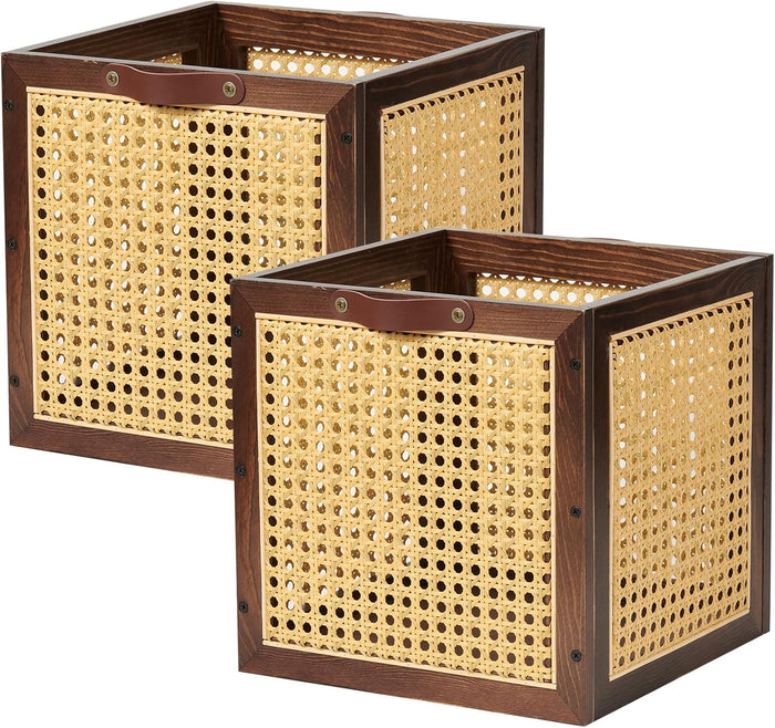 2PCS Rattan Storage Cubes Decorative Handmade Wooden Basket Box