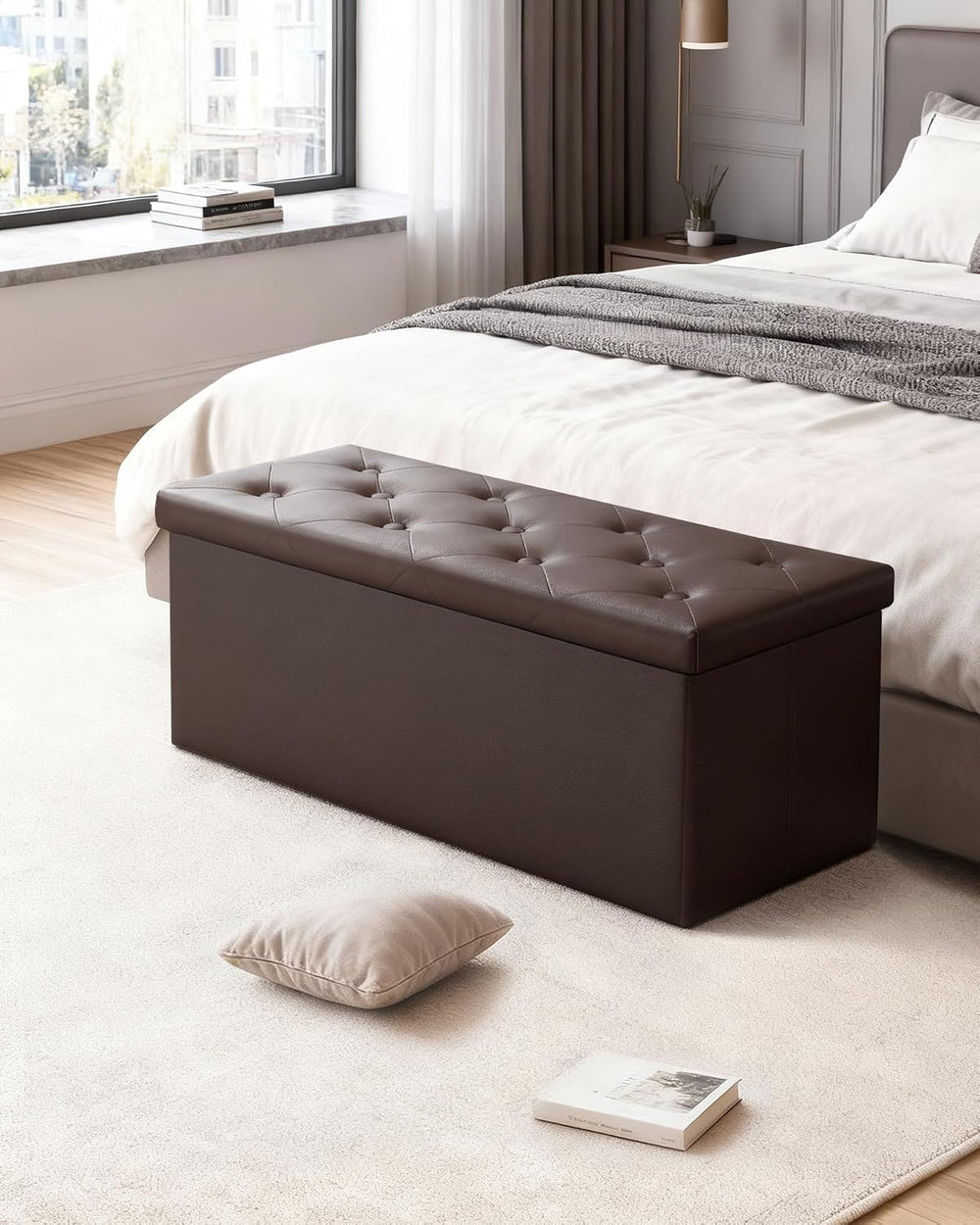 GLAXYFUR 43" Storage Ottoman Bench, Folding Ottoman with 2 Dividers, Brown