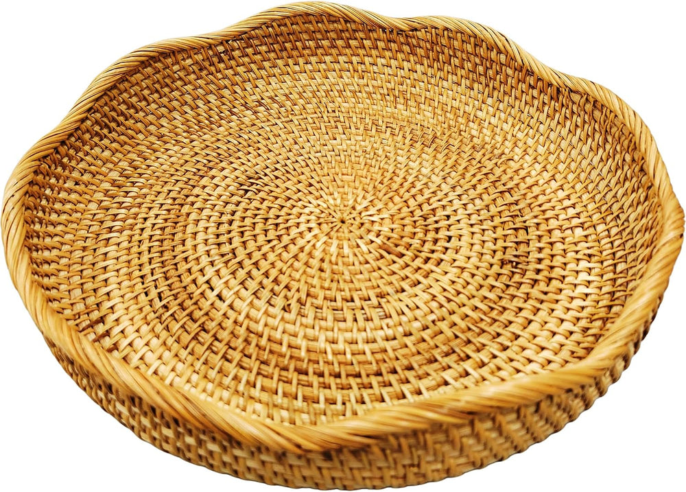 Large 16" Handwoven Rattan Serving Tray & Fruit Basket, Natural Wick...