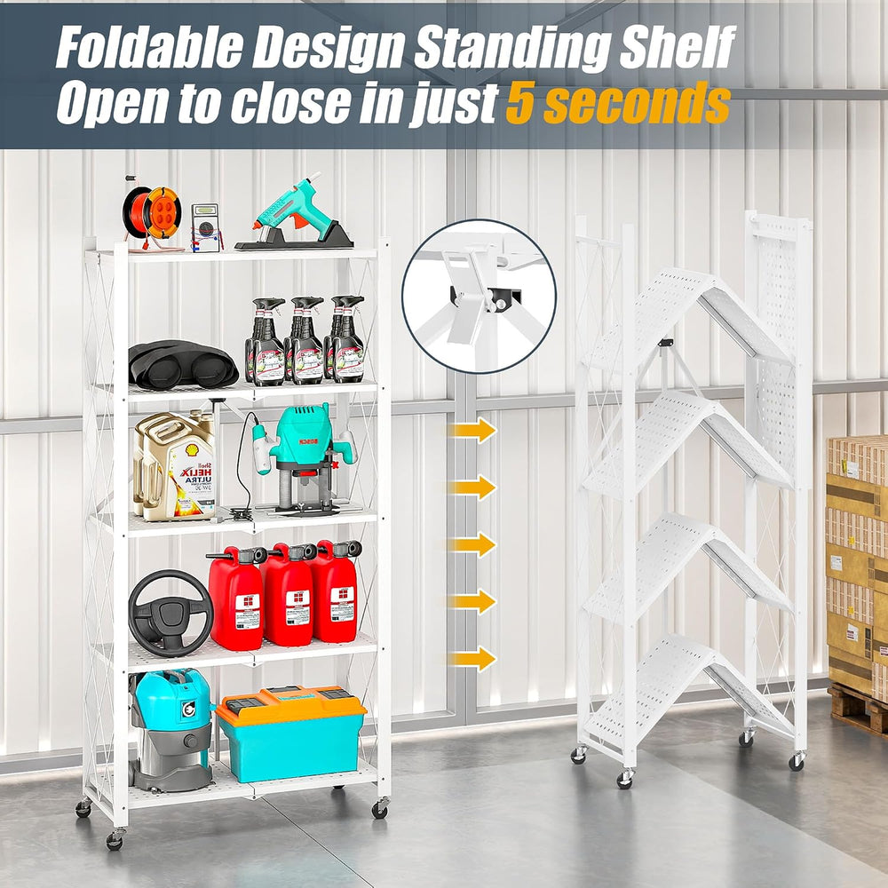 5-Tier Folding Metal Storage Rack - 63" Heavy-Duty Steel Frame with Whee...
