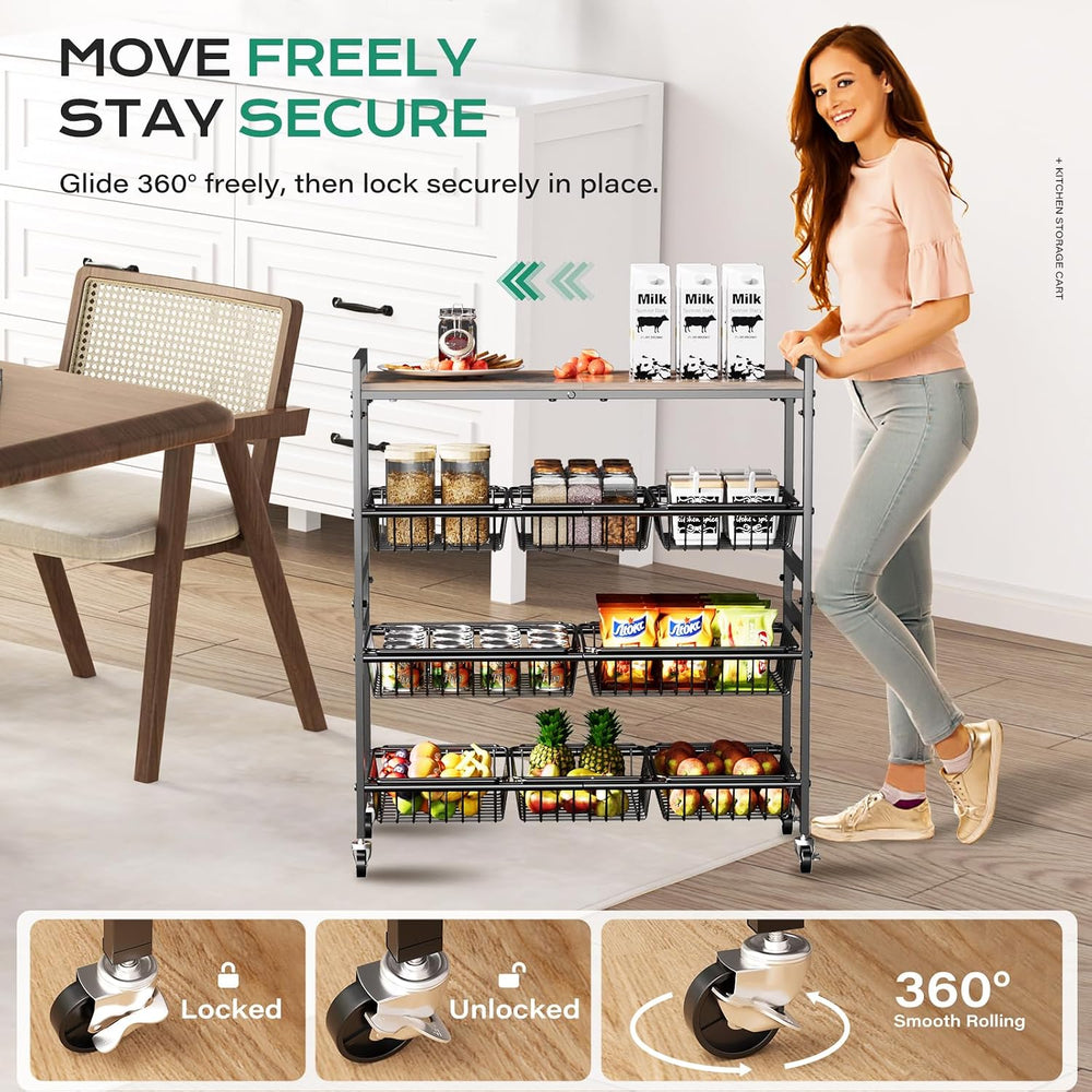 4-Tier Utility Kitchen Cart with Wood Top, 29" W Kitchen Storage Cart wi...