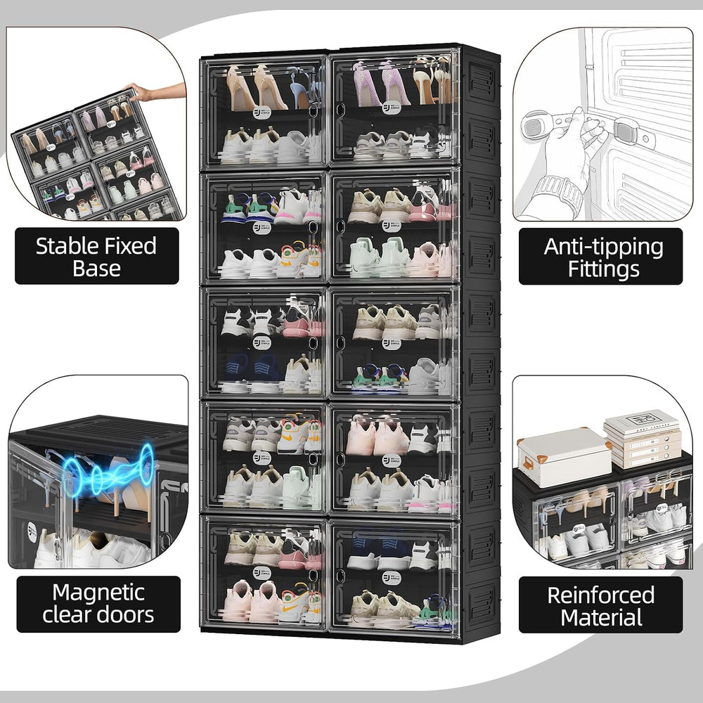 Foldable Shoe Cabinet with Magnetic Clear Doors, Wide Design Shoe Rack for En...