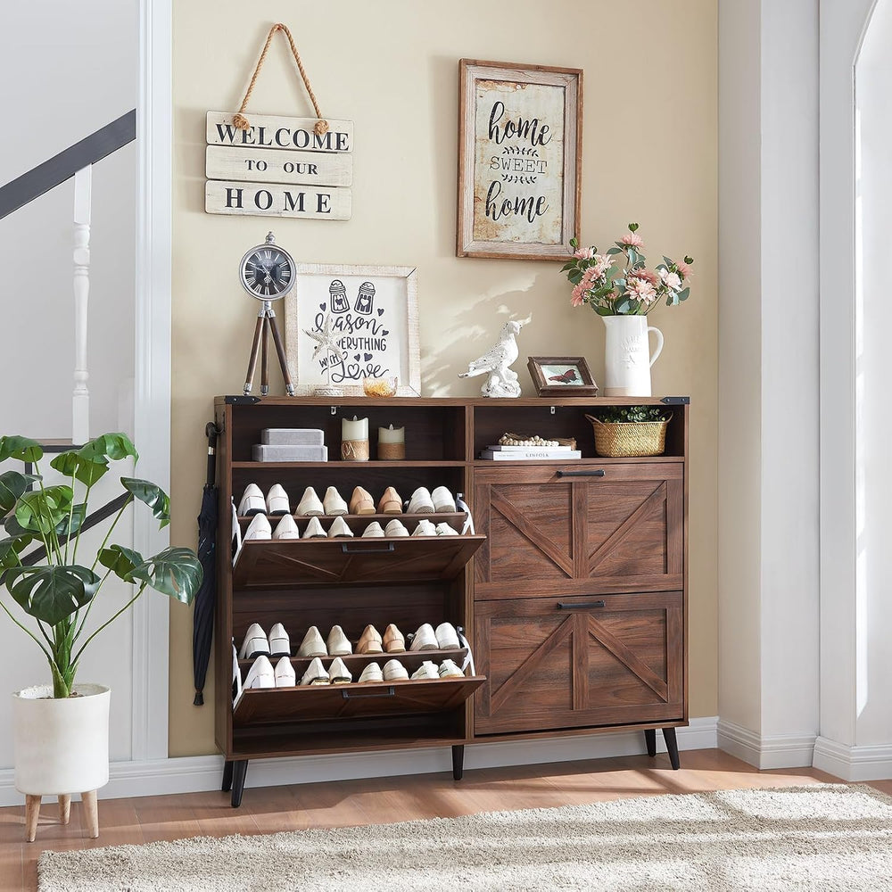 Barnyatoh Farmhouse Shoe Storage Cabinet with 4 Flip Drawers & Open Storage