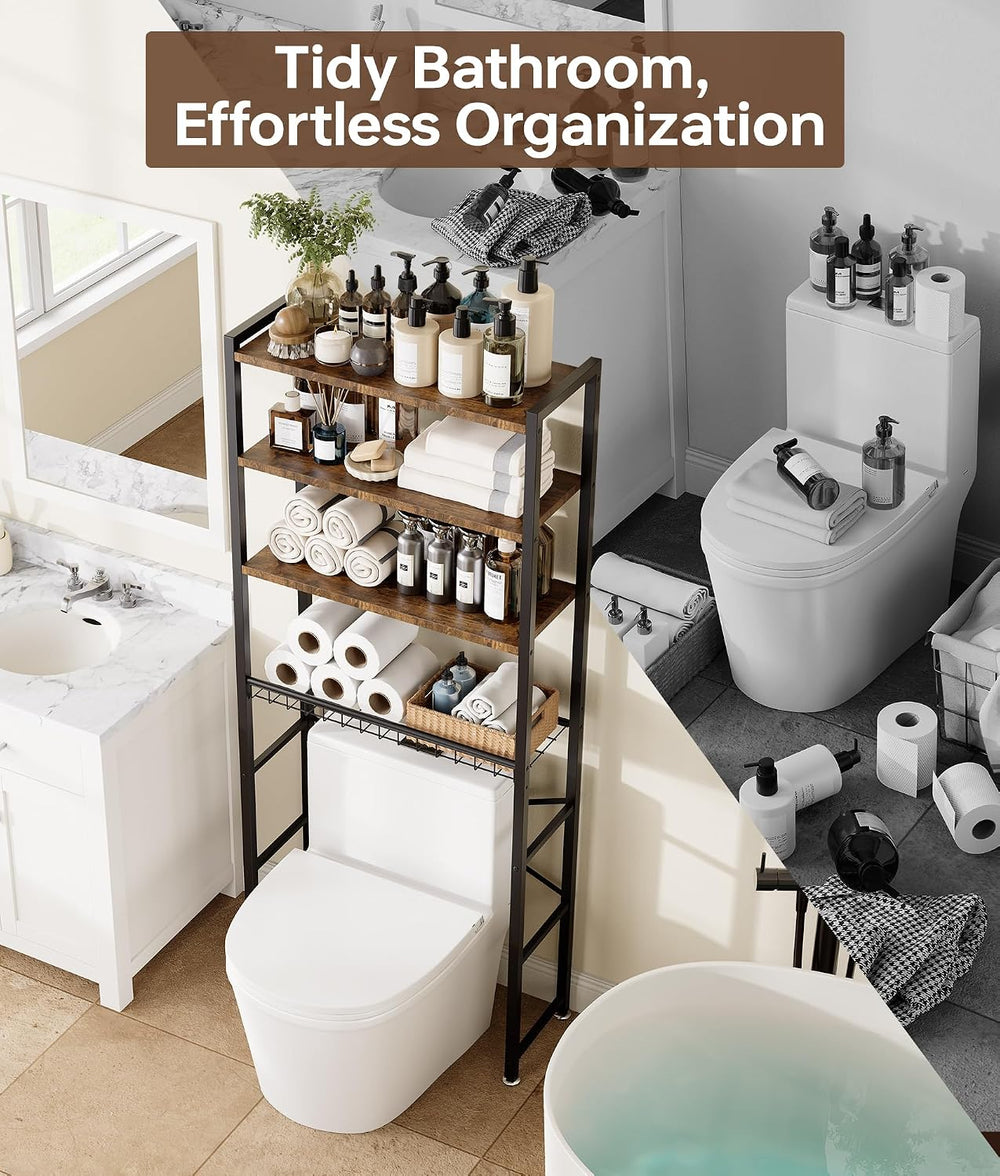 4-Tier Over-the-Toilet Storage Rack with One-Piece Wooden Shelves & Open ...