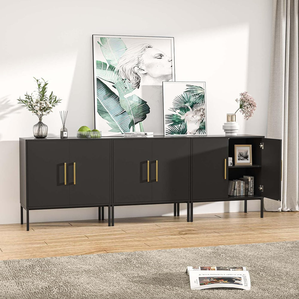 Set of 3 Storage Cabinets with Adjustable Shelf and Gold Handle, Black丨Buffet...
