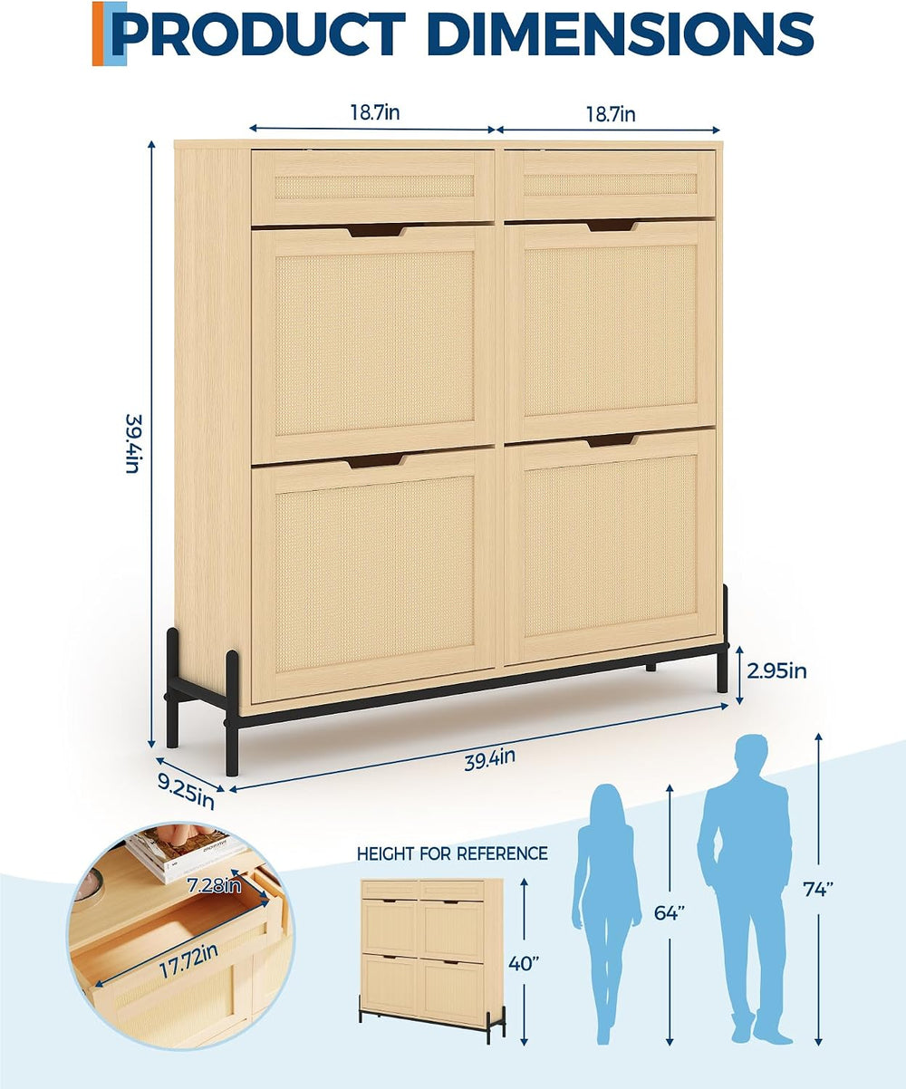 GarveeHome Rattan Shoe Cabinet Storage with 4 Flip Drawers & 2 Top Drawer...