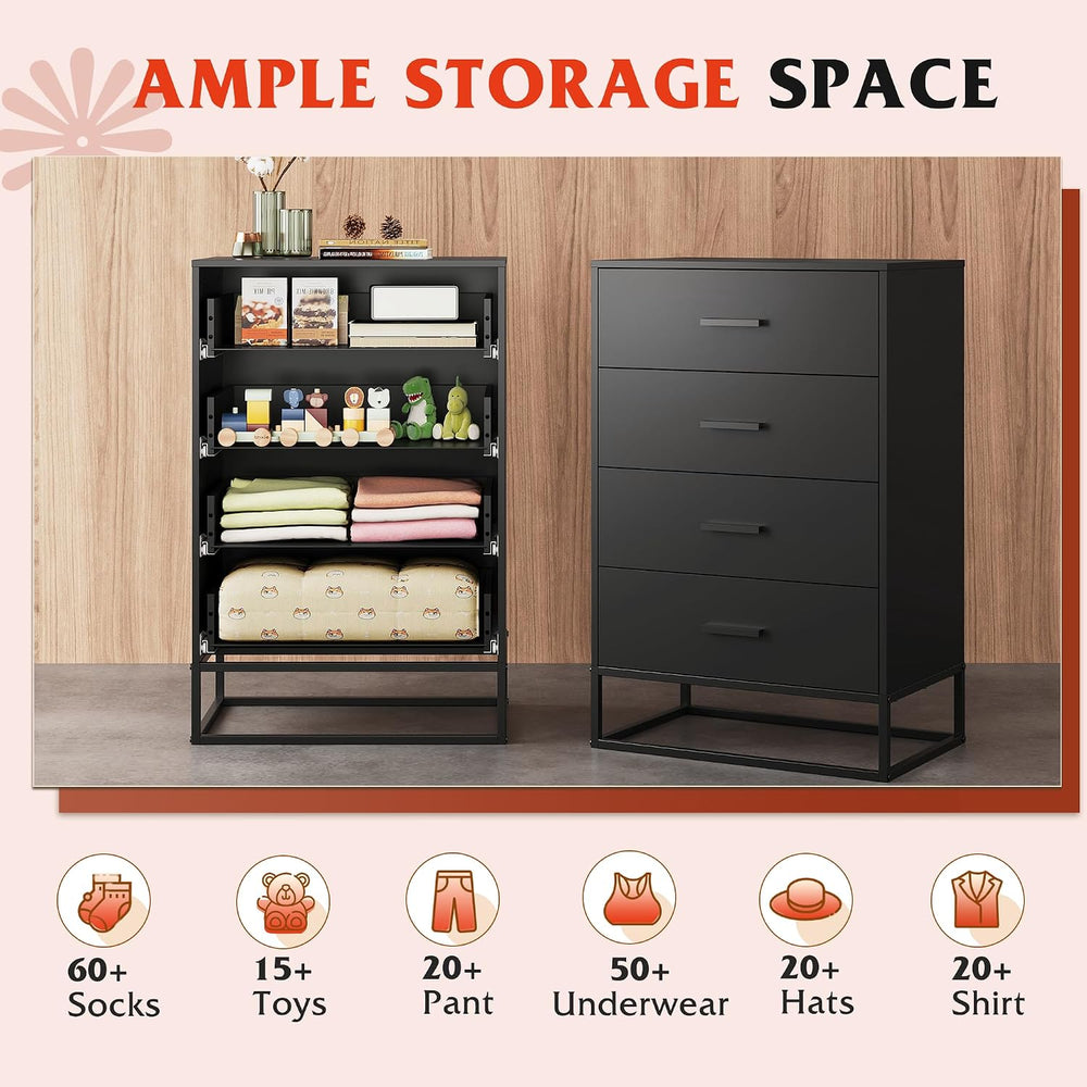 WLIVE Black Dresser for Bedroom with 4 Drawers, Tall Dresser with Sturdy Meta...