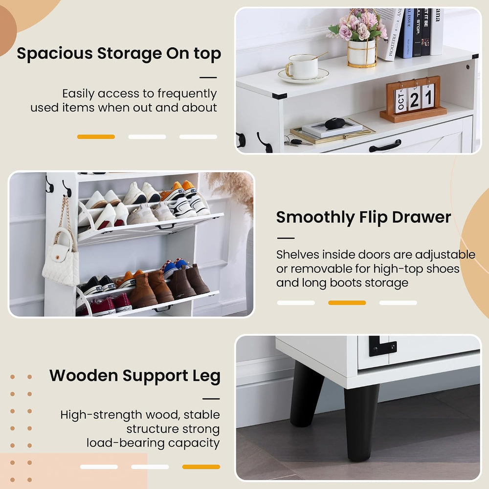 Shoe Storage Cabinet with 2 Flip Drawers, Farmhouse Shoe Cabinet with Open St...