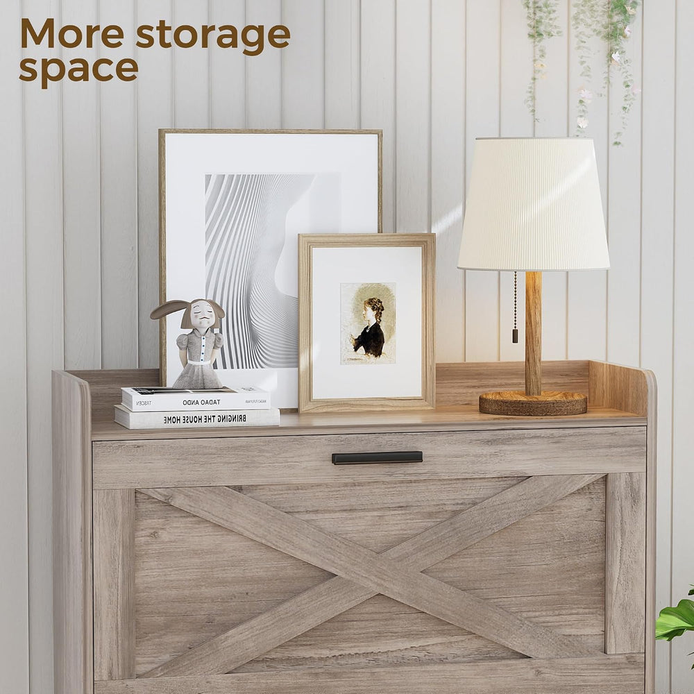 Homleke Farmhouse Shoe Storage Cabinet with Flip Drawers & Barn Door Design