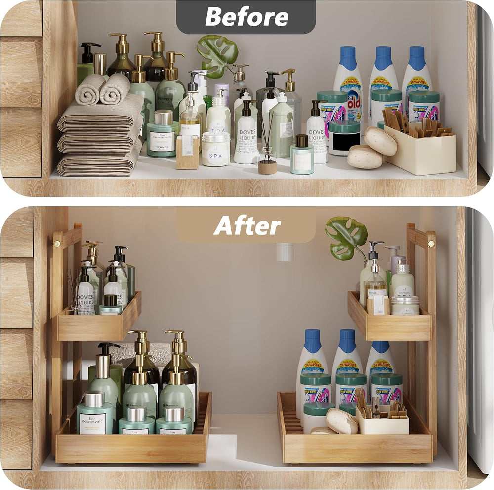 Under Sink Organizer, L-Shaped 2 Tier Pull Out Cabinet Organizer