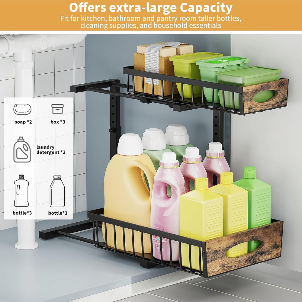2 Pack Metal Under Sink Organizer with Sliding Drawer, Black