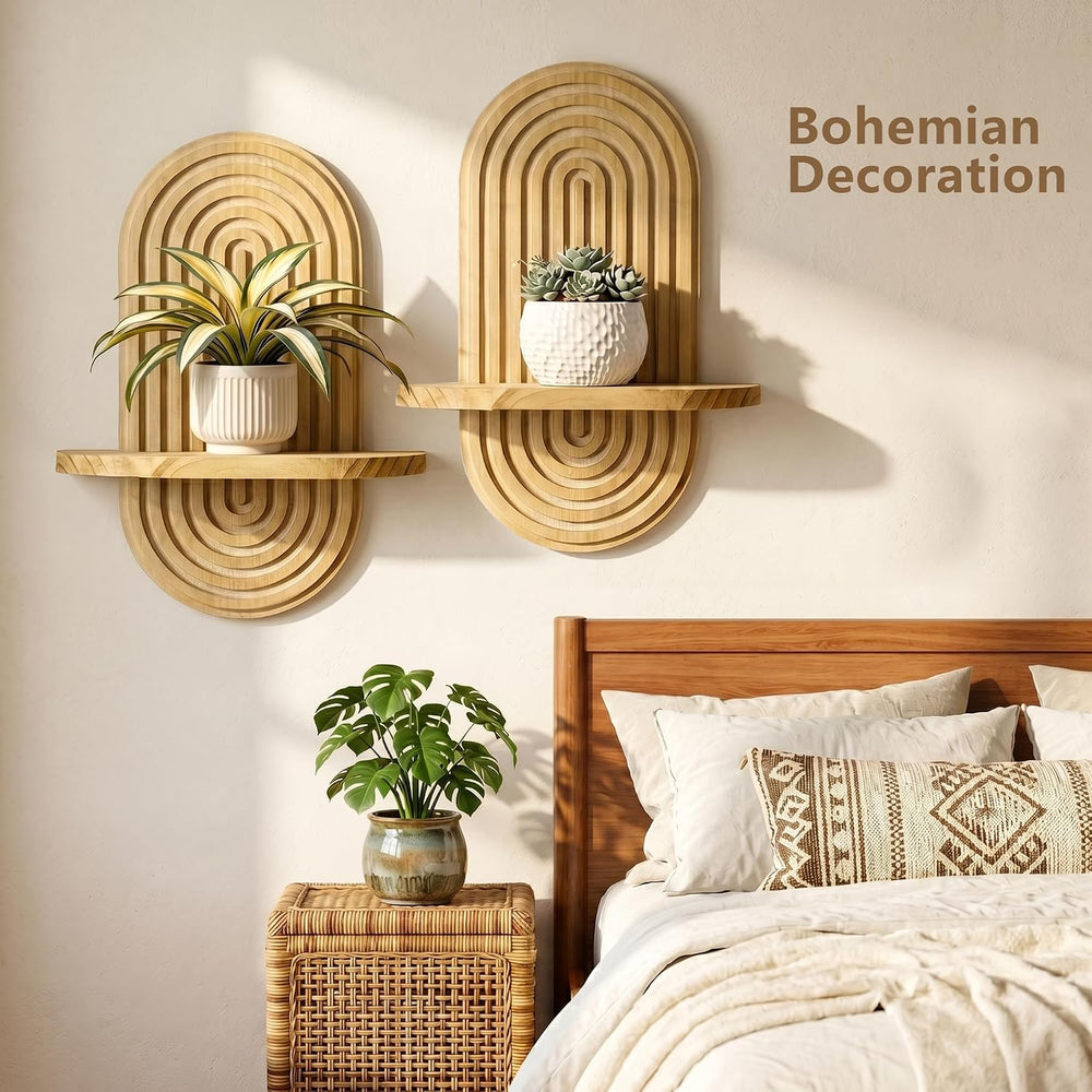 Heiple Set of 2 Boho Arched Floating Shelves 15.7”x 7.8” Plant Wooden Hanging...
