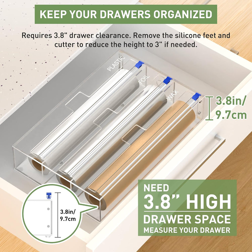 3 in 1 Clear Acrylic Foil, Plastic Wrap Organizer with Cutter