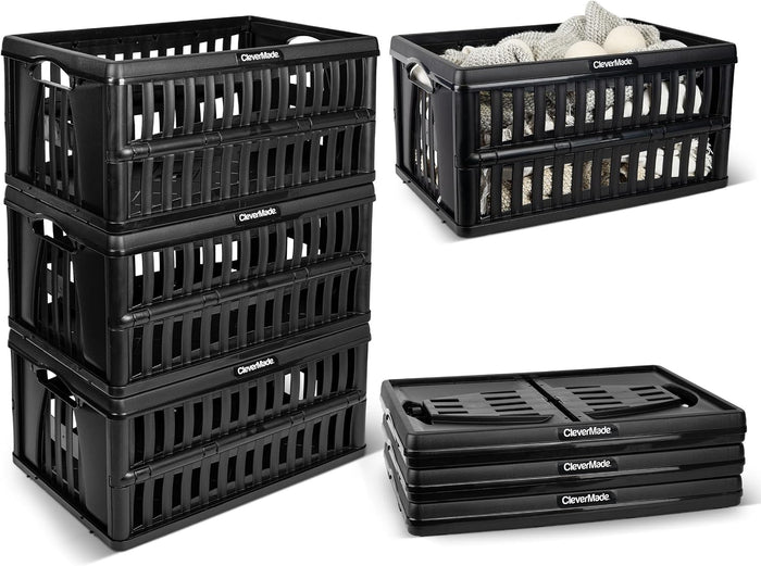 CleverMade Collapsible Utility Crates, 60L Storage Crate, 3 Pack, Obsidian