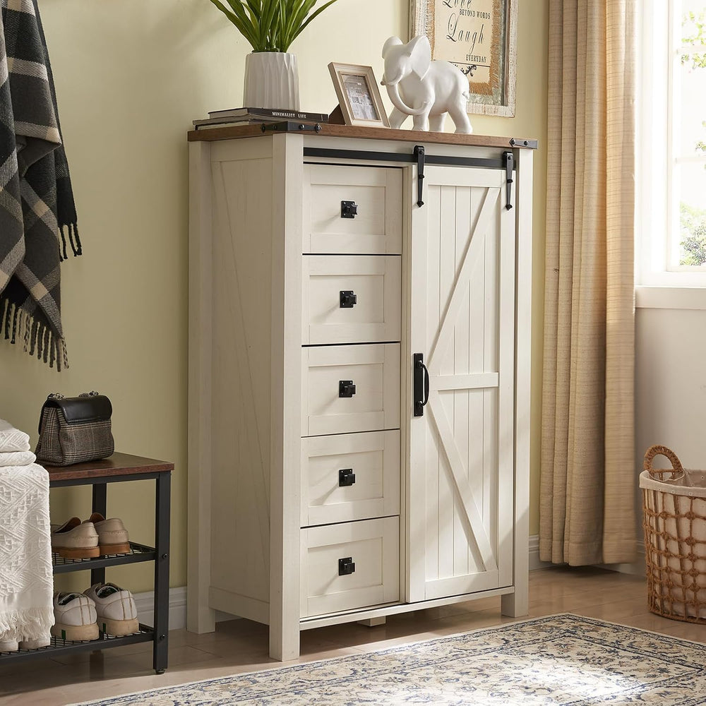 T4TREAM 5 Drawers Dresser with Sliding Barn Doors, Antique White