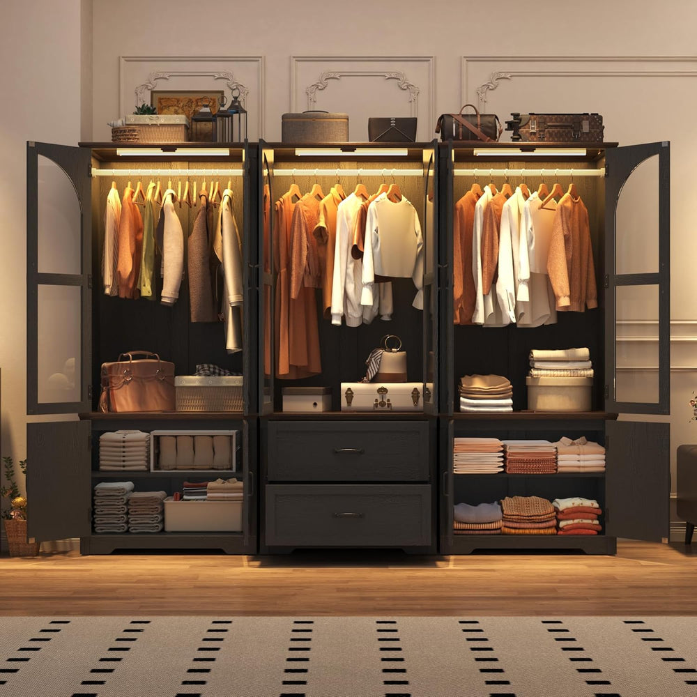 Tall Farmhouse 6 Doors Armoire Wardrobe Closet with LED ,72" Freestandin...
