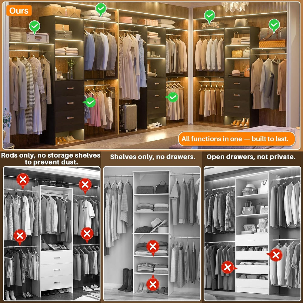 Armocity 96" Wood Closet System with 3 Enclosed Drawers & 3 Solid Sh...