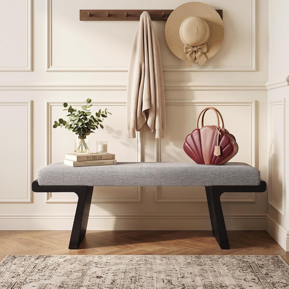 47.2" Black Wood Bedroom Bench, Upholstered Entryway Bench, Linen