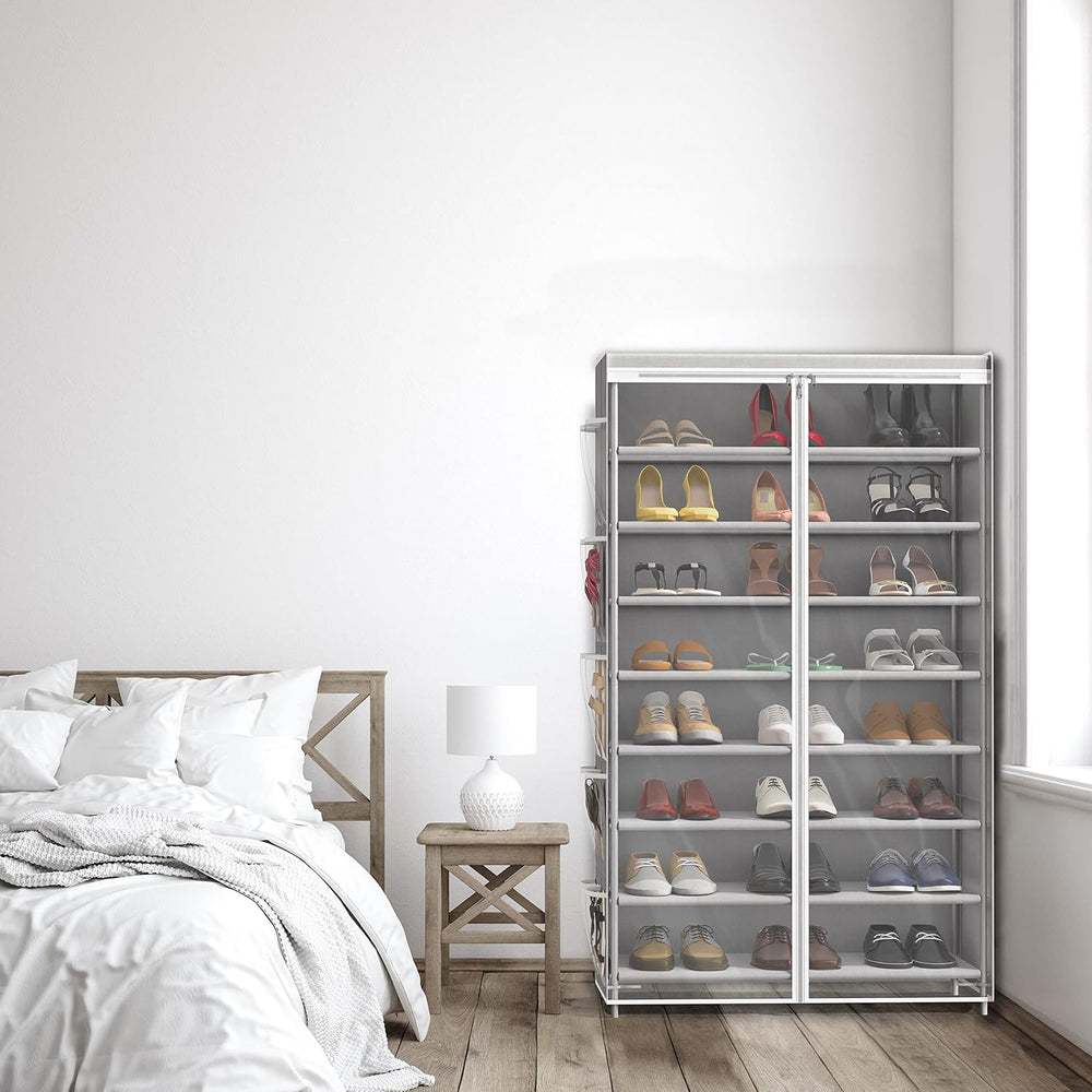 Simple Houseware 8 Tiers Shoe Rack w/Zipper Cover & Hanging Pockets, Gray