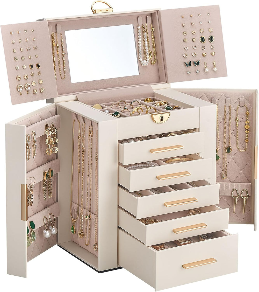Lolalet Large Jewelry Box, 6-Layer Jewelry Organizer with 5 Drawers -Beige