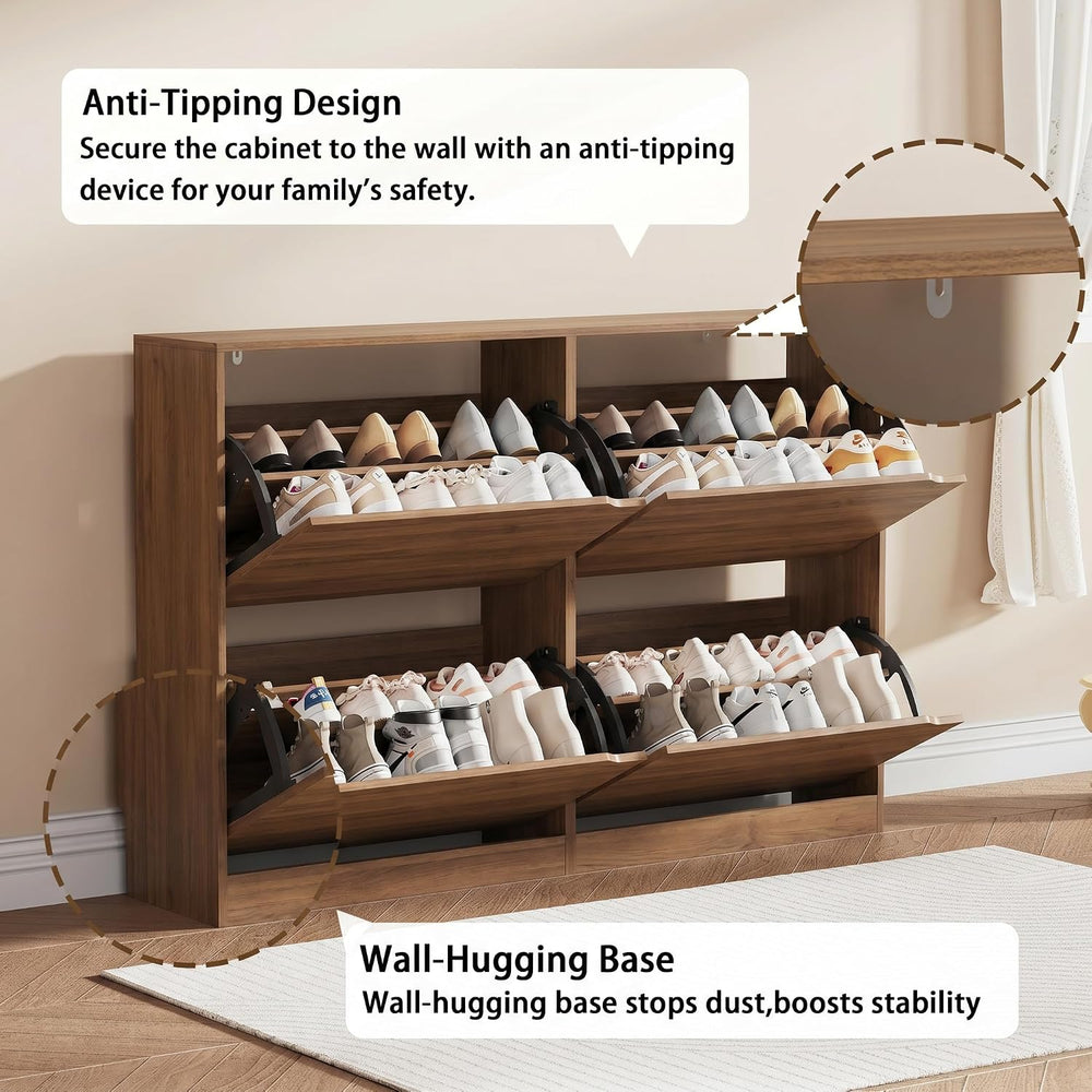 Walnut Hidden Shoe Storage Cabinet for Entryway with 4 Flip Drawers