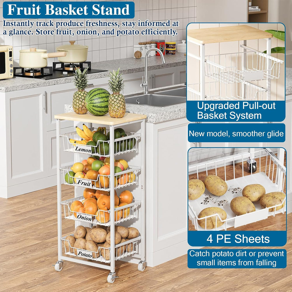 5-Tier Kitchen Storage Cart with 4 Upgraded Drawer Basket & Wood Top