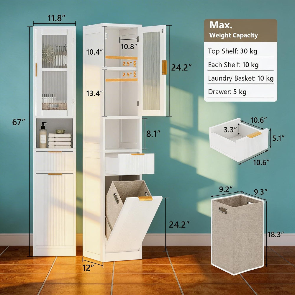 Einhomn 67" Tall Bathroom Storage Cabinet with Removable Laundry Basket ...