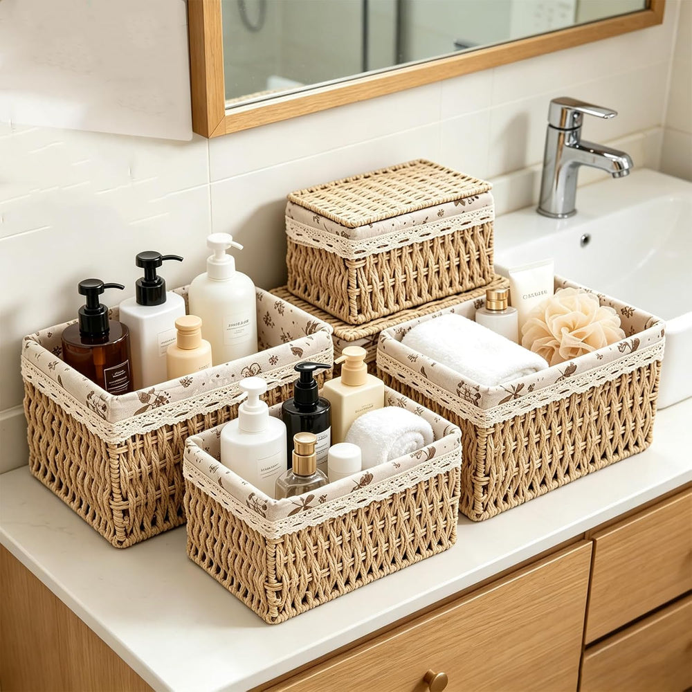 Wicker Storage Baskets with Lids, Set of 3 Nesting Natural Rattan Organizer B...