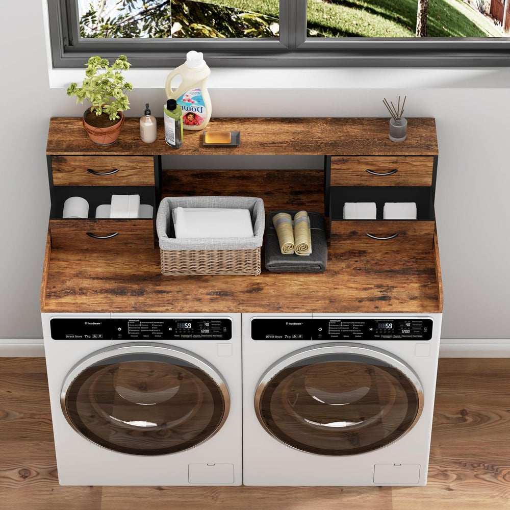 Unionly 2 Tier Washer and Dryer Countertop with fabric drawers and wood top