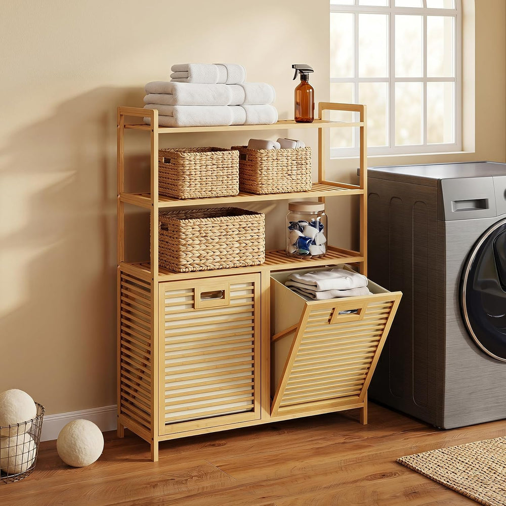 GOFLAME Bamboo Double Tilt Out Laundry Hamper Cabinet with Shelves