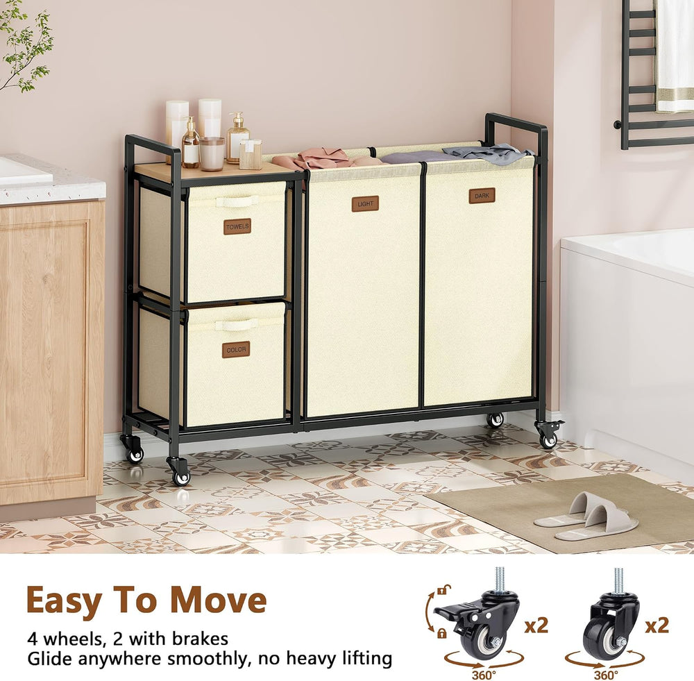 Hoctieon 4 Section Laundry Cart, 52.8 Gal. (200L) Laundry Hamper with Lid, La...
