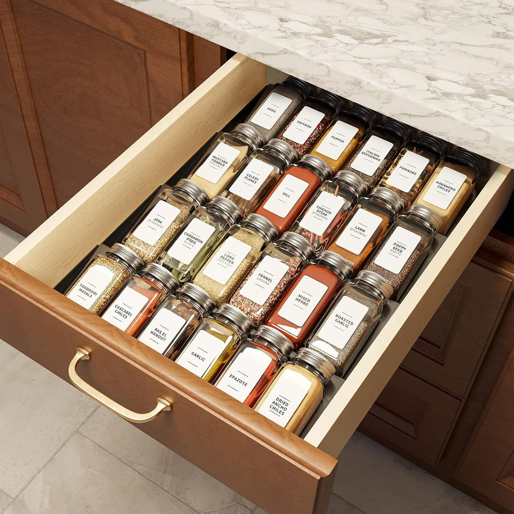 SpaceAid Spice Drawer Organizer with 24 Spice Jars, 378 White Minimalist Spic...